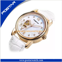 Double Heart Fashion esqueleto Ladies Watch com pulseira de couro genuíno